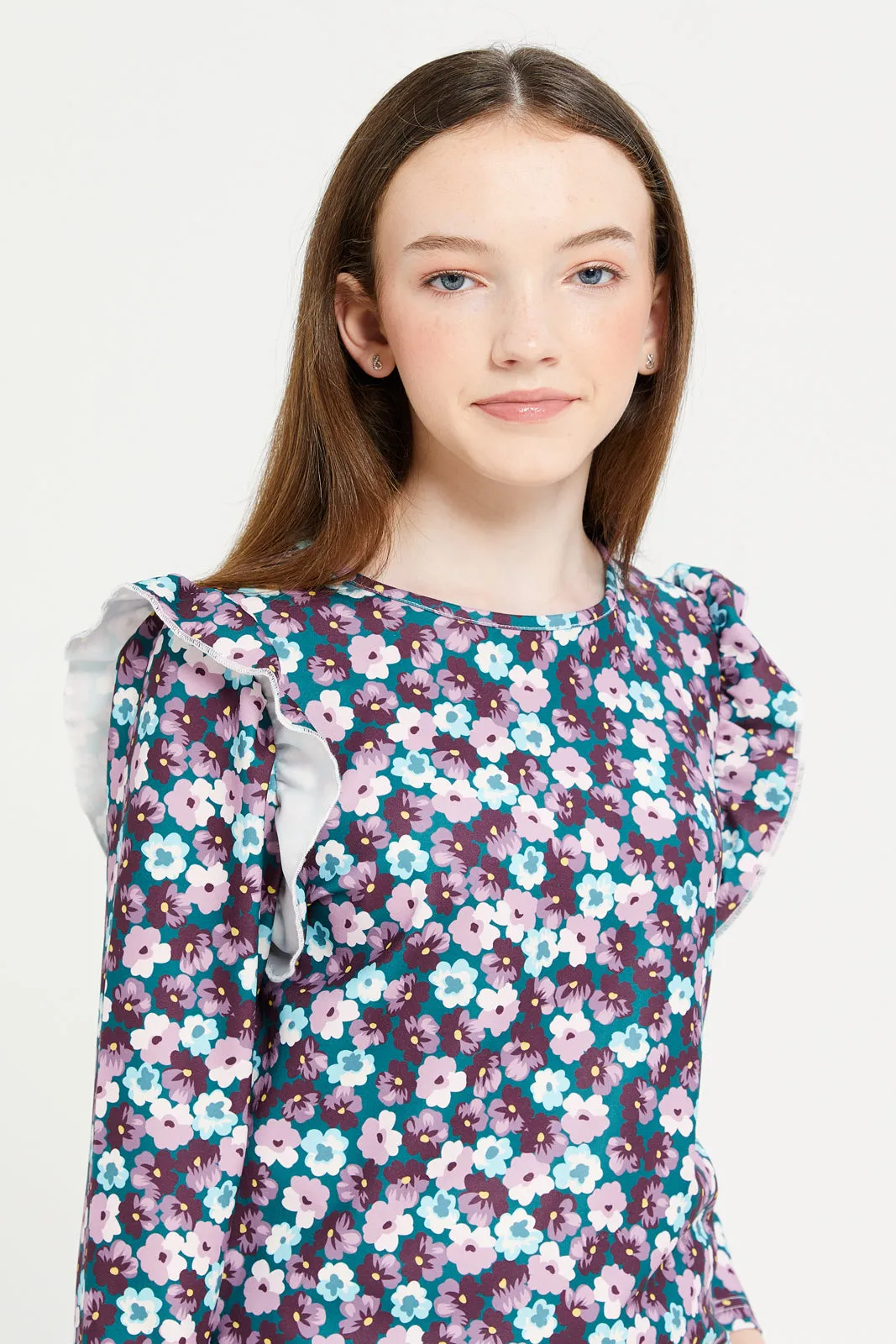 Senior Girls Assorted Berry Floral Ruffled Sleeve Top