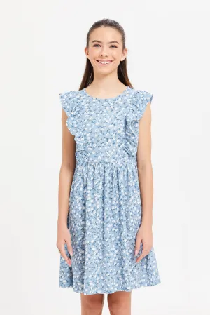 Senior Girls Blue Printed Ruffled Dress