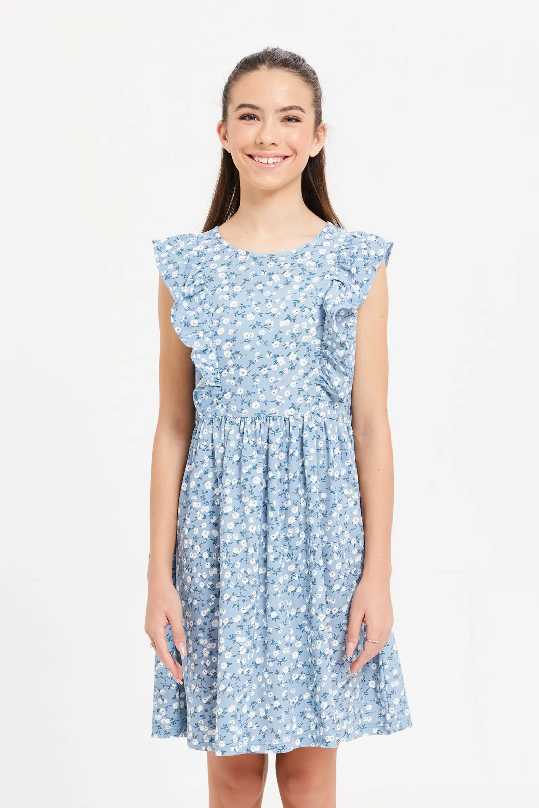 Senior Girls Blue Printed Ruffled Dress