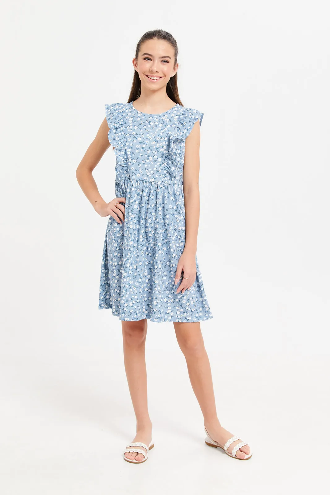 Senior Girls Blue Printed Ruffled Dress