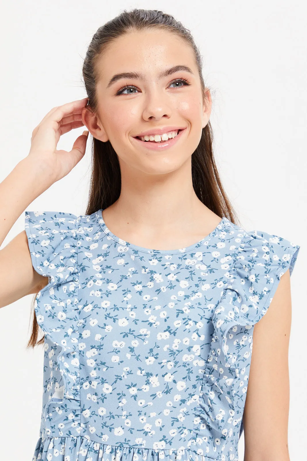 Senior Girls Blue Printed Ruffled Dress