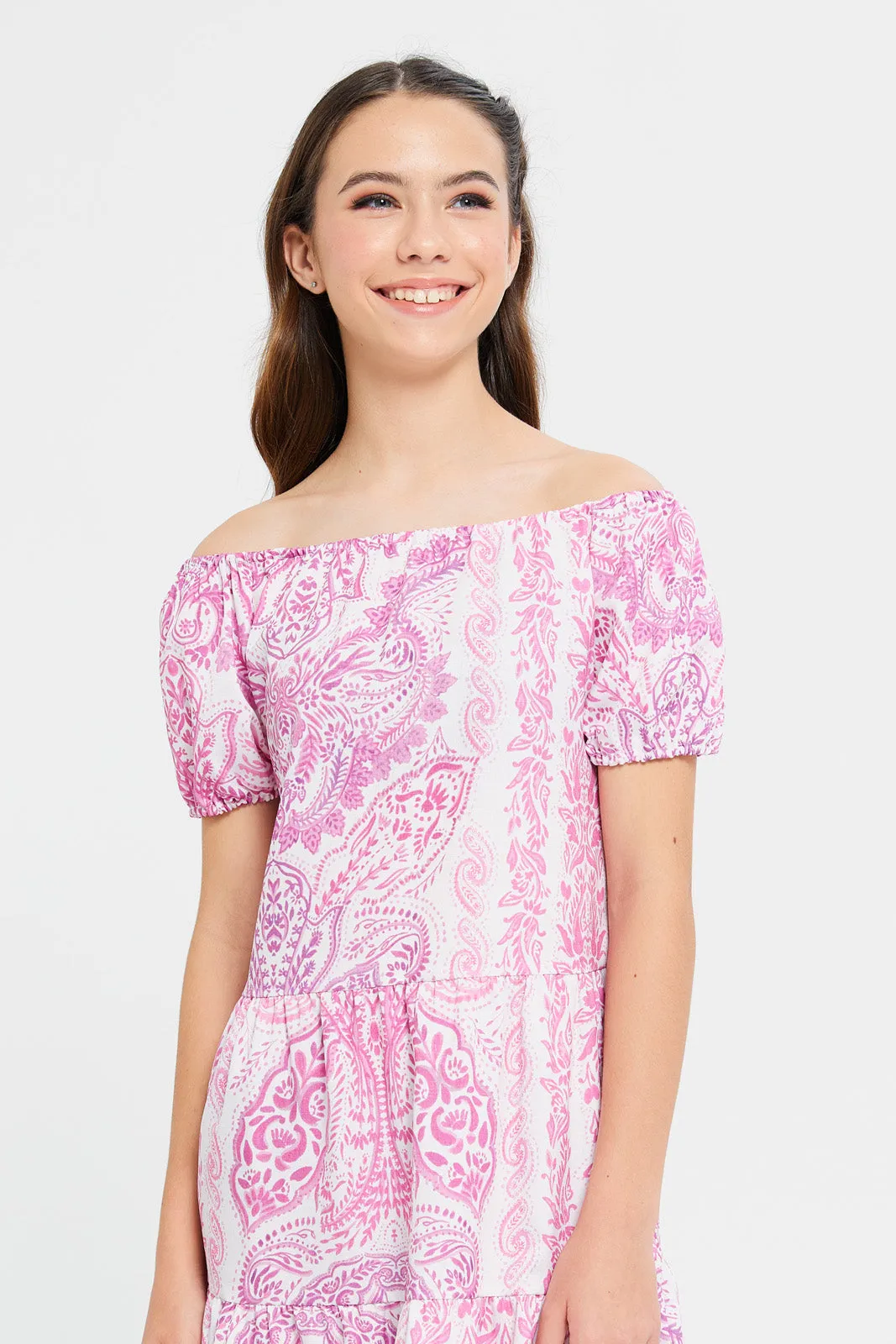 Senior Girls White And Pink Printed Dress