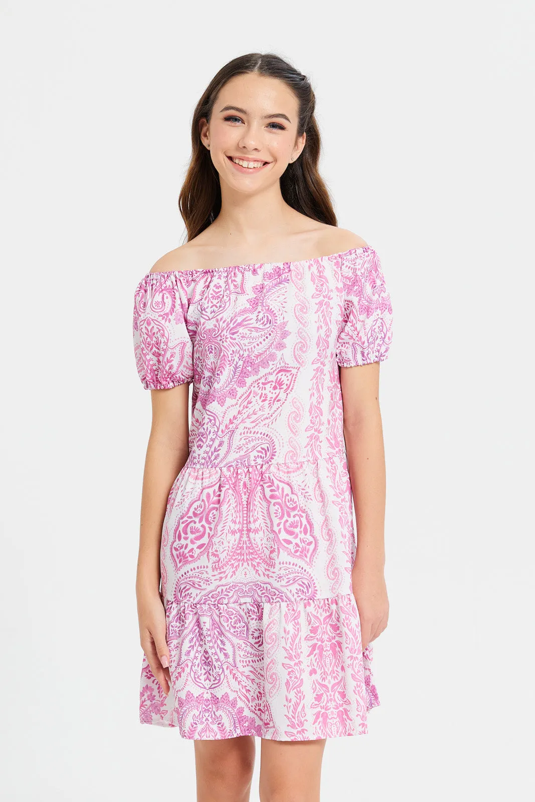 Senior Girls White And Pink Printed Dress