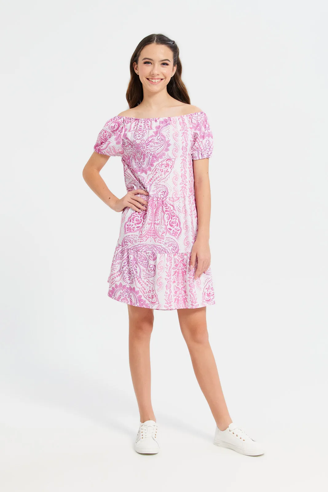 Senior Girls White And Pink Printed Dress