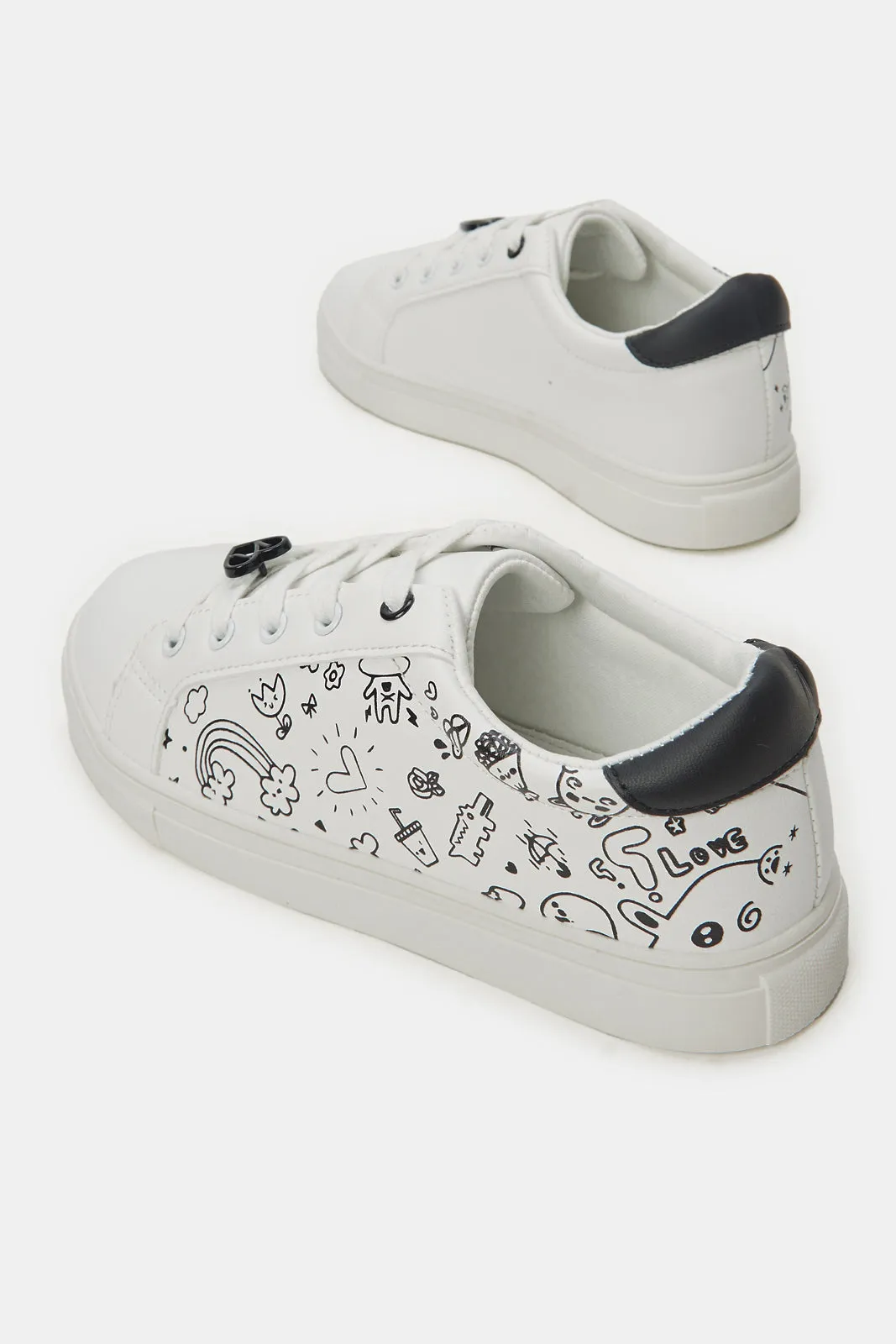 Senior Girls White Printed Sneakers