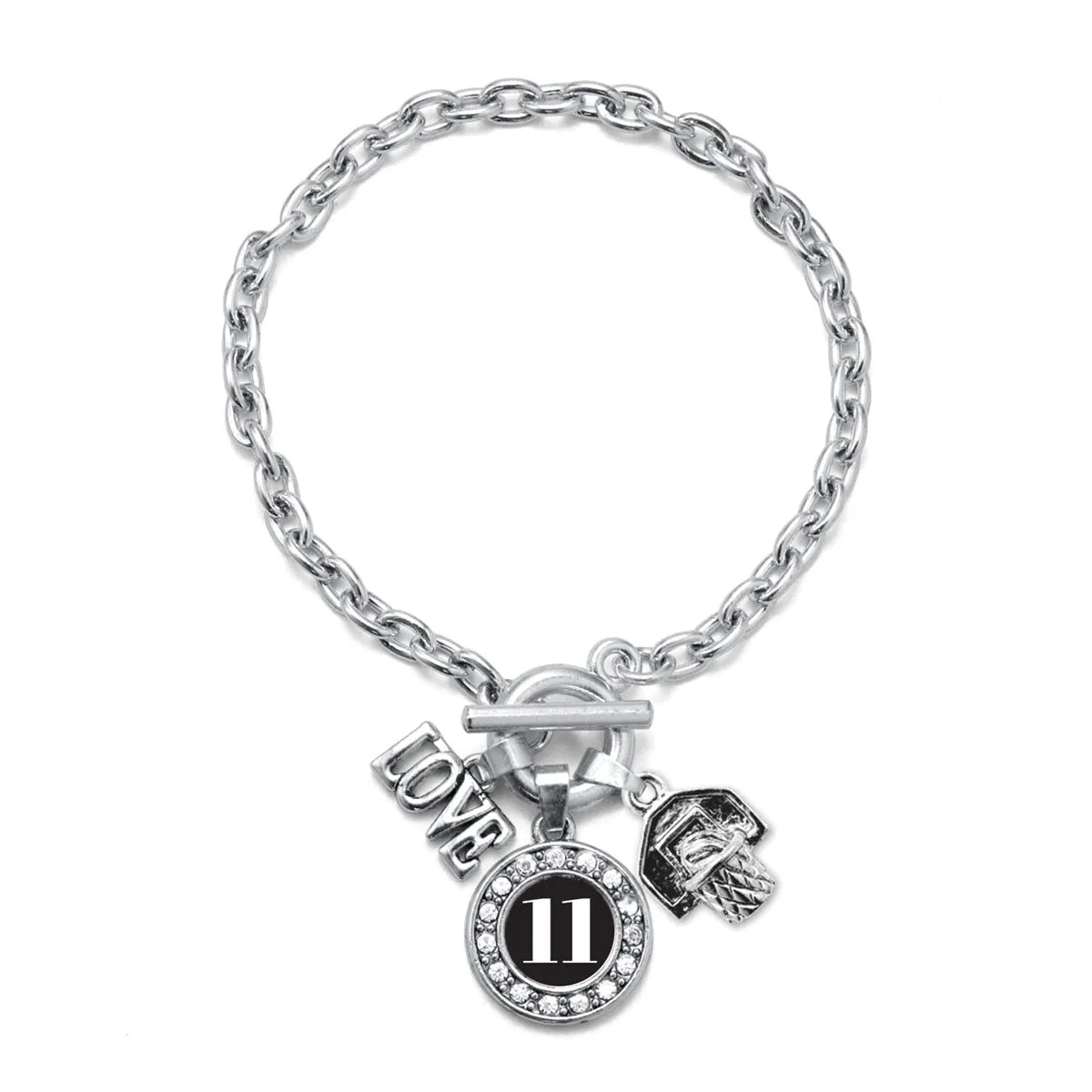 Silver Basketball Hoop - Sports Number 11 Circle Charm Toggle Bracelet