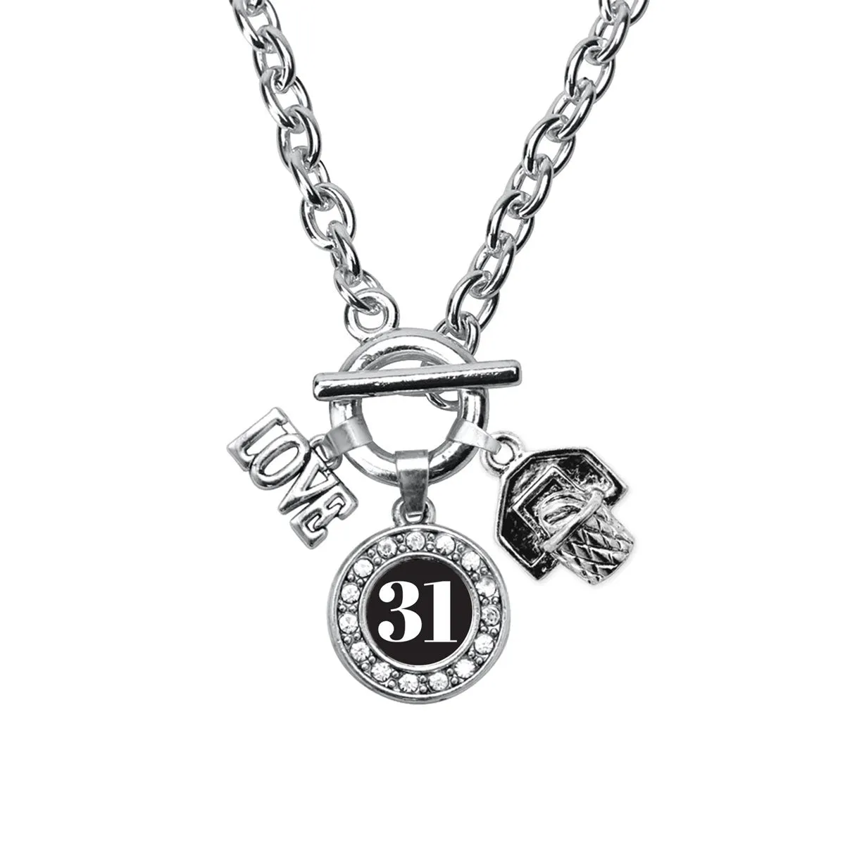 Silver Basketball Hoop - Sports Number 31 Circle Charm Toggle Necklace