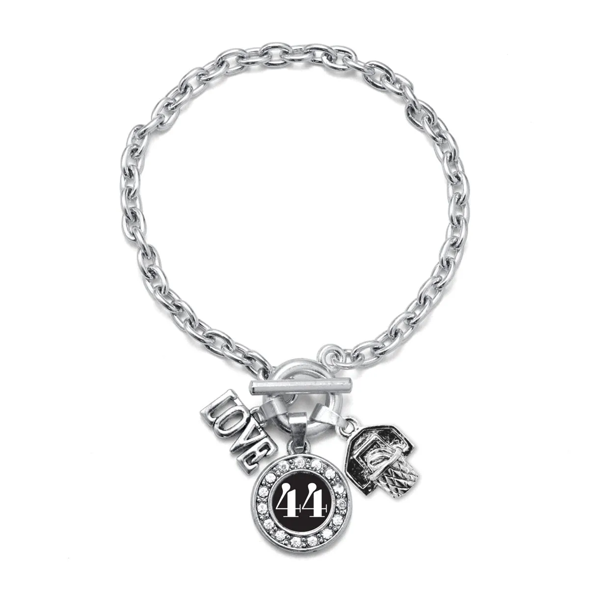 Silver Basketball Hoop - Sports Number 44 Circle Charm Toggle Bracelet