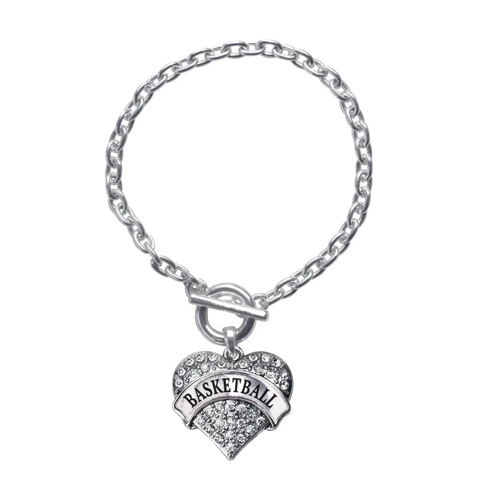 Silver Basketball Pave Heart Charm Toggle Bracelet