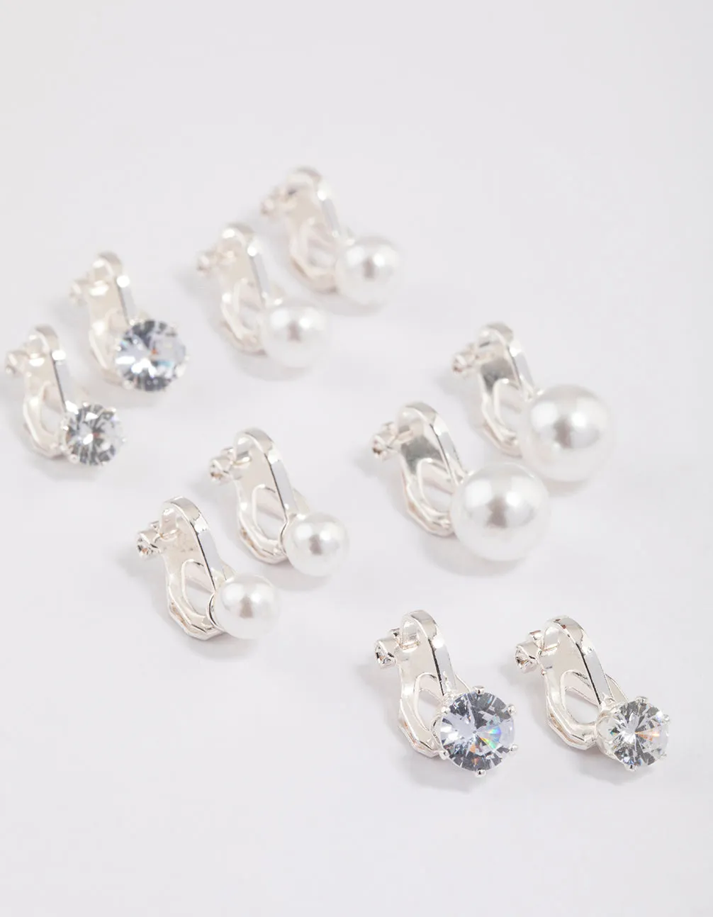 Silver Pearl & Diamante Clip On Earrings 5-Pack