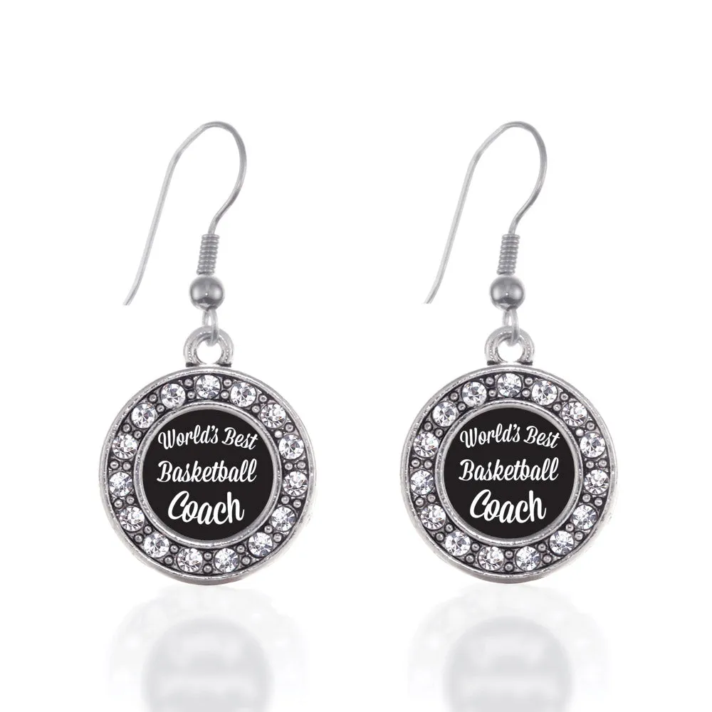 Silver World's Best Basketball Coach Circle Charm Dangle Earrings