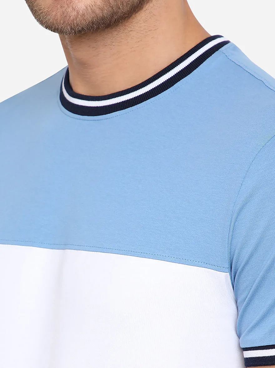 Sky Blue & White Solid Slim Fit T-Shirt | JadeBlue