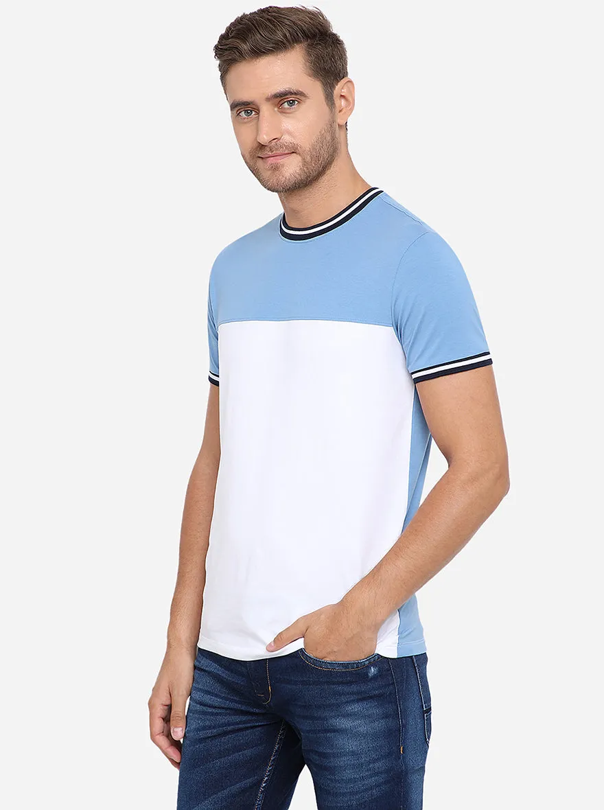 Sky Blue & White Solid Slim Fit T-Shirt | JadeBlue