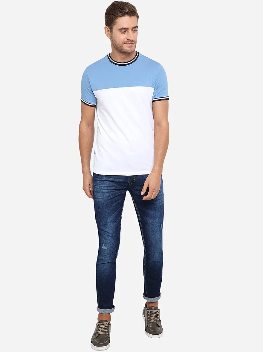 Sky Blue & White Solid Slim Fit T-Shirt | JadeBlue