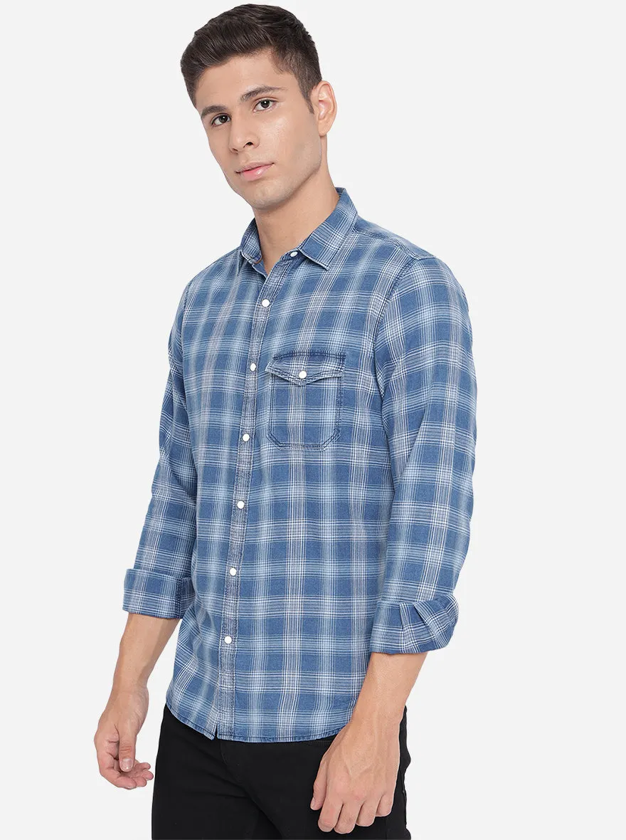 Sky Blue Checked Slim Fit Semi Casual Shirt | JadeBlue