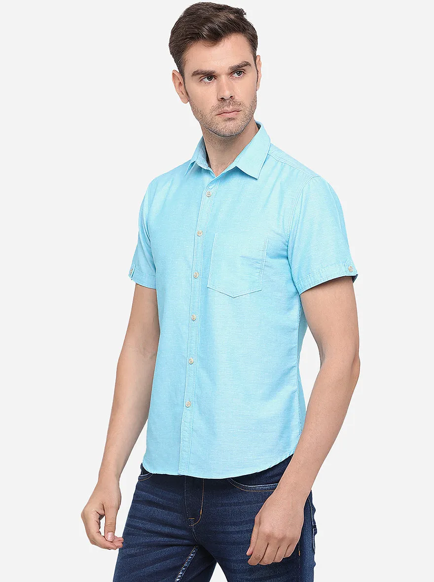 Sky Blue Solid Slim Fit Casual Shirt | Greenfibre