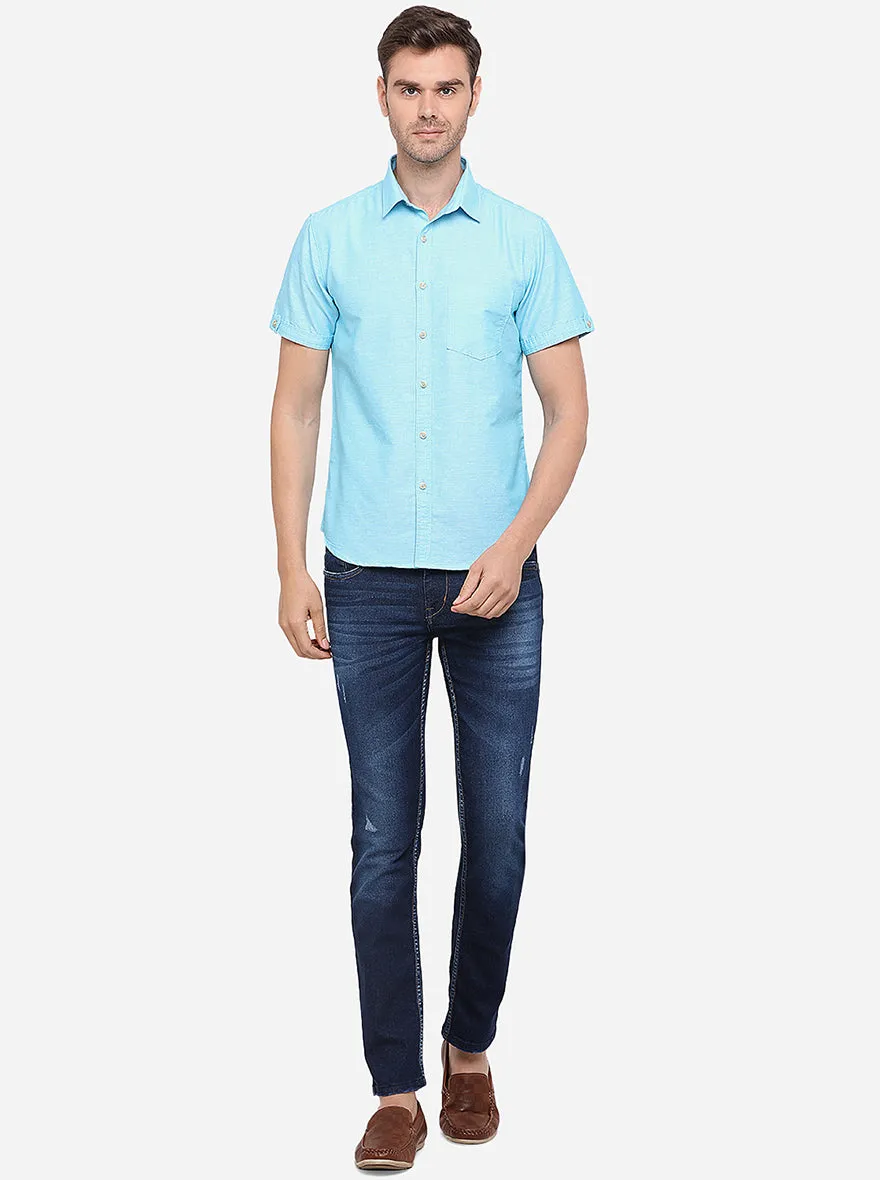 Sky Blue Solid Slim Fit Casual Shirt | Greenfibre