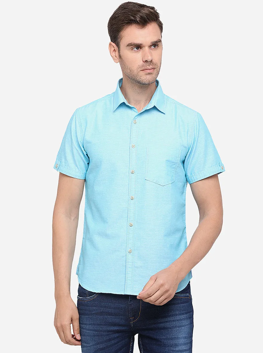 Sky Blue Solid Slim Fit Casual Shirt | Greenfibre