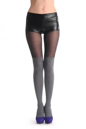 Transparent Black With Woven Opaque Warm Grey Over The Knee Sock 60Den