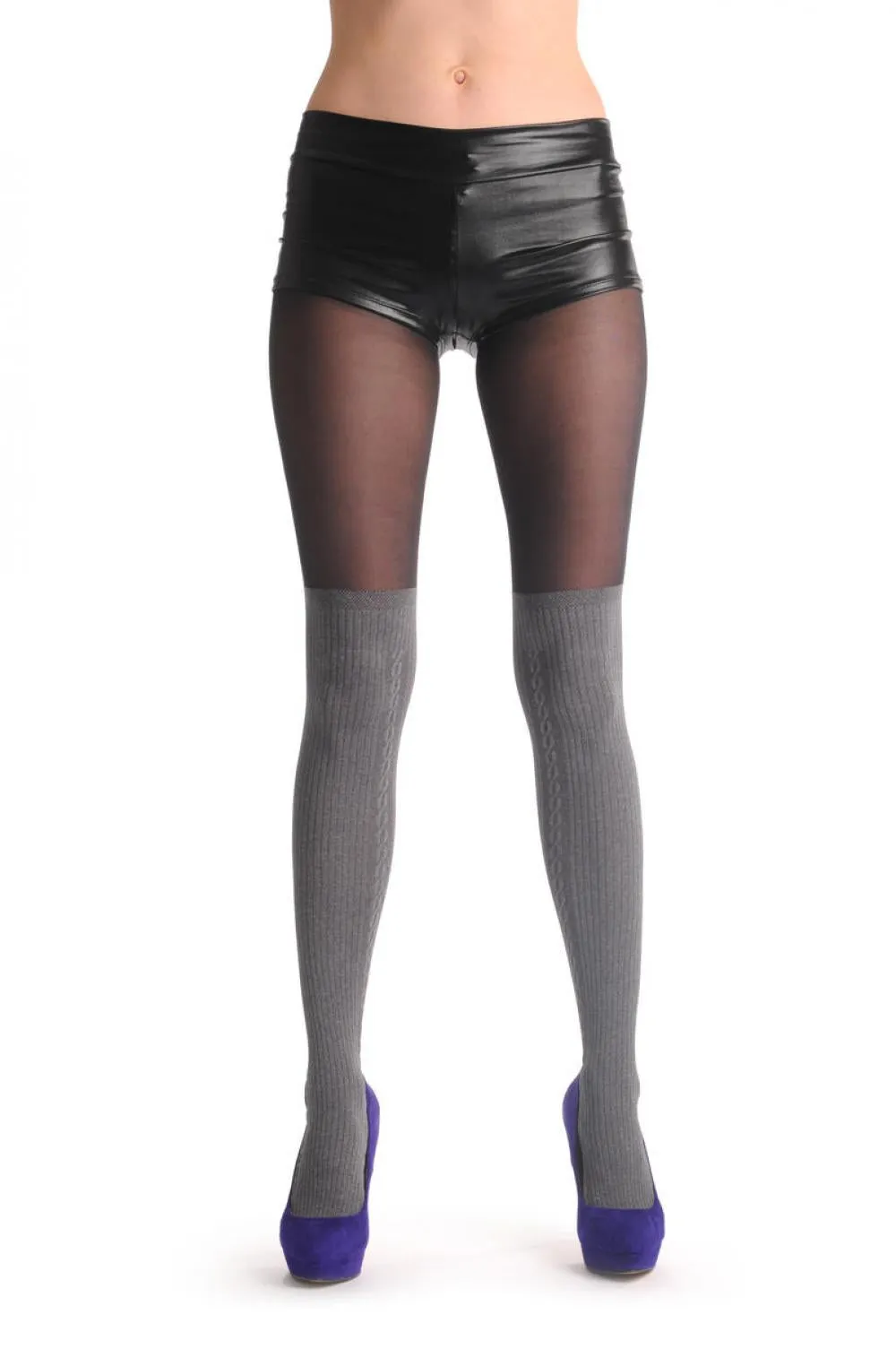 Transparent Black With Woven Opaque Warm Grey Over The Knee Sock 60Den