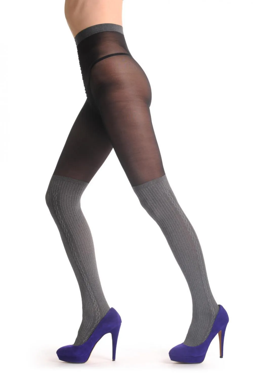 Transparent Black With Woven Opaque Warm Grey Over The Knee Sock 60Den