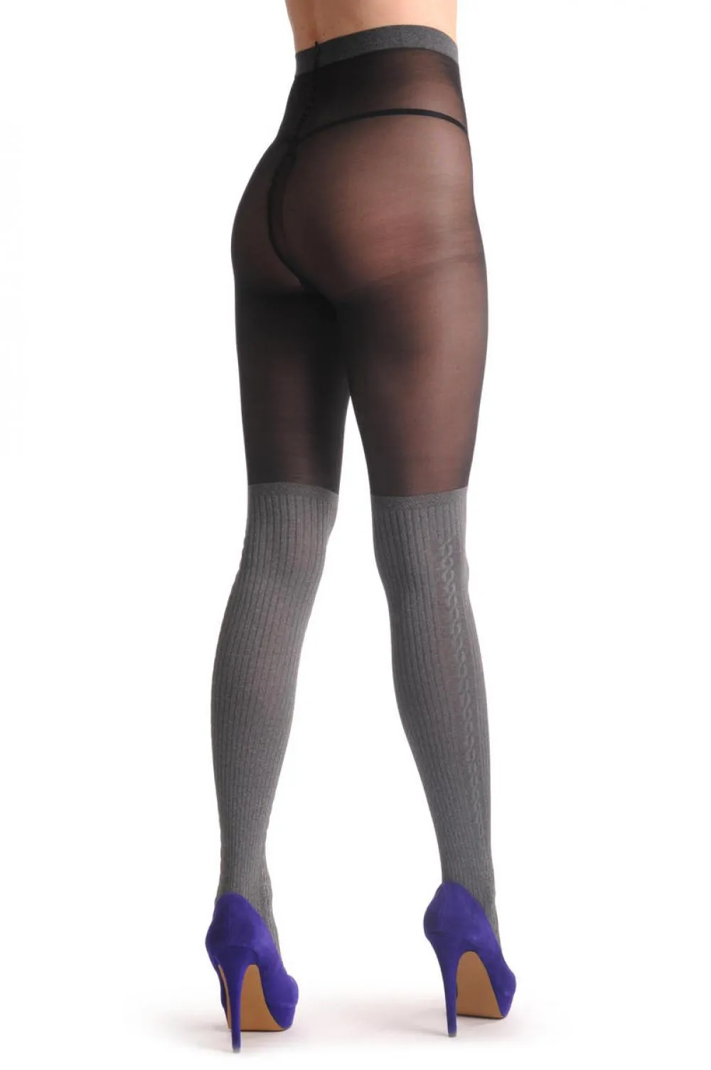 Transparent Black With Woven Opaque Warm Grey Over The Knee Sock 60Den