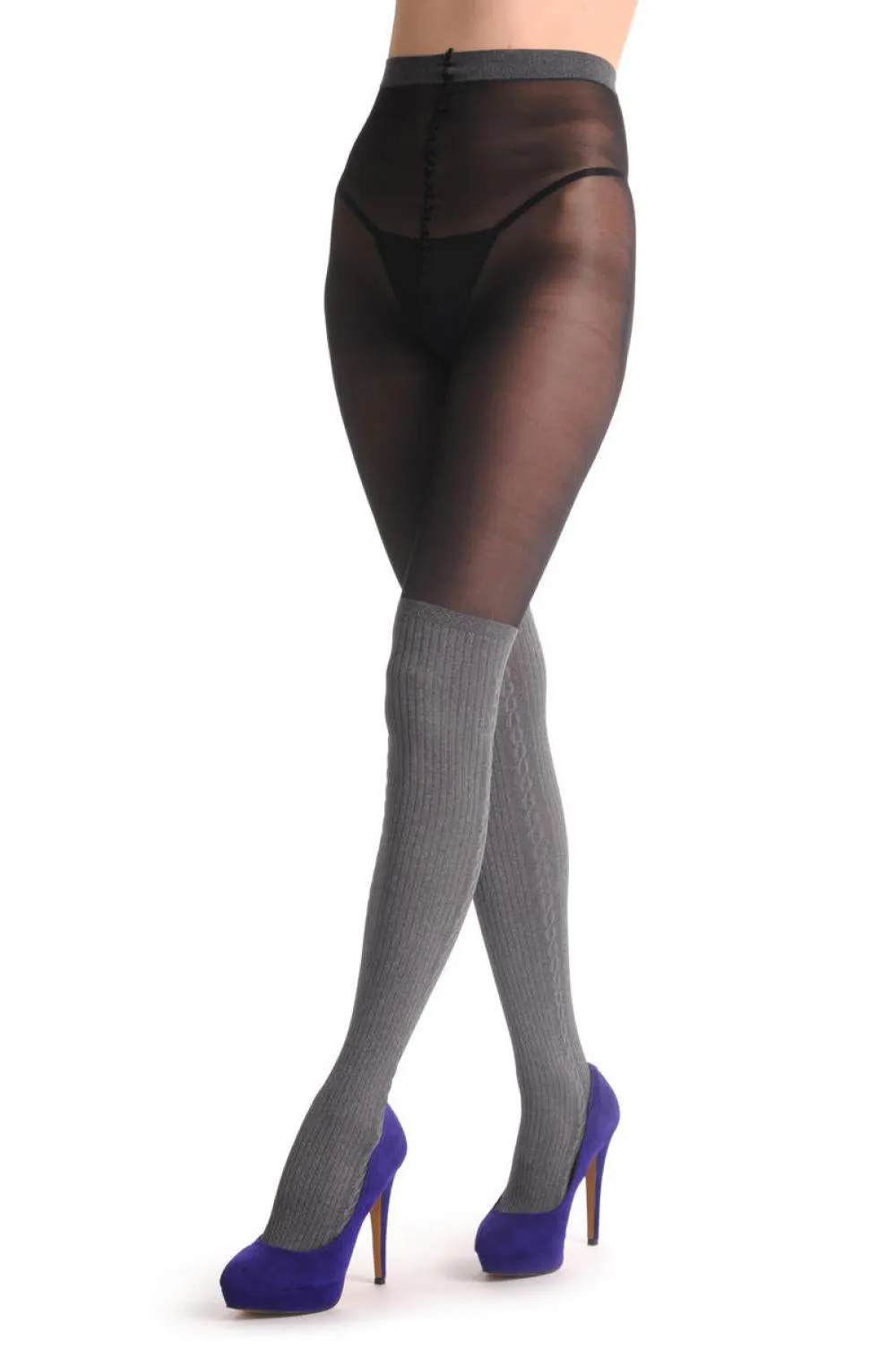 Transparent Black With Woven Opaque Warm Grey Over The Knee Sock 60Den