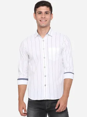 White & Navy Blue Striped Slim Fit Semi Casual Shirt | Greenfibre