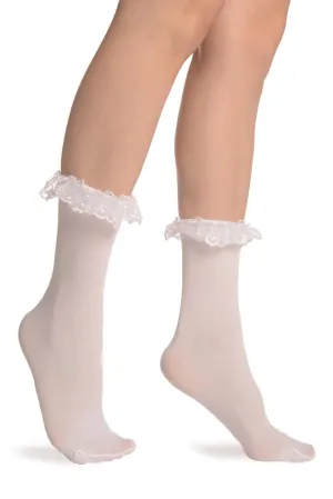 White Opaque With White Lace Ankle Hight Socks 60 Den