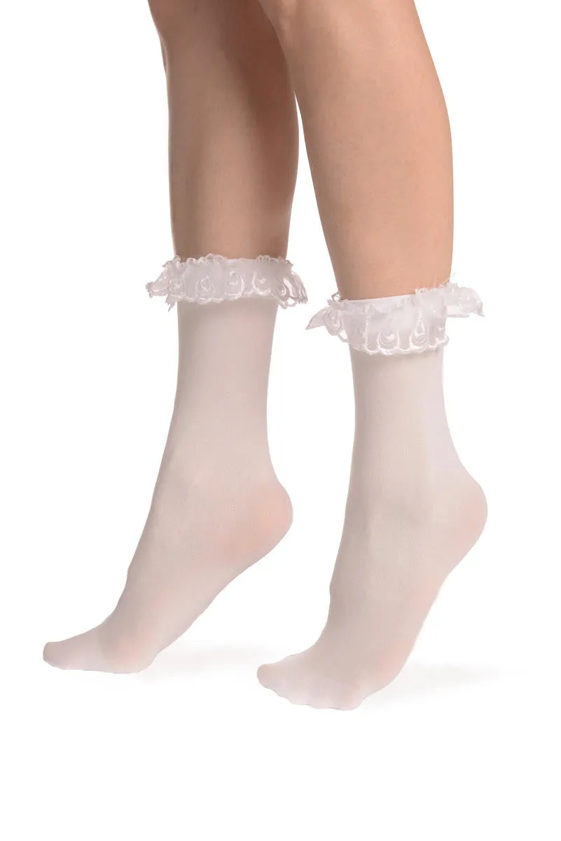 White Opaque With White Lace Ankle Hight Socks 60 Den