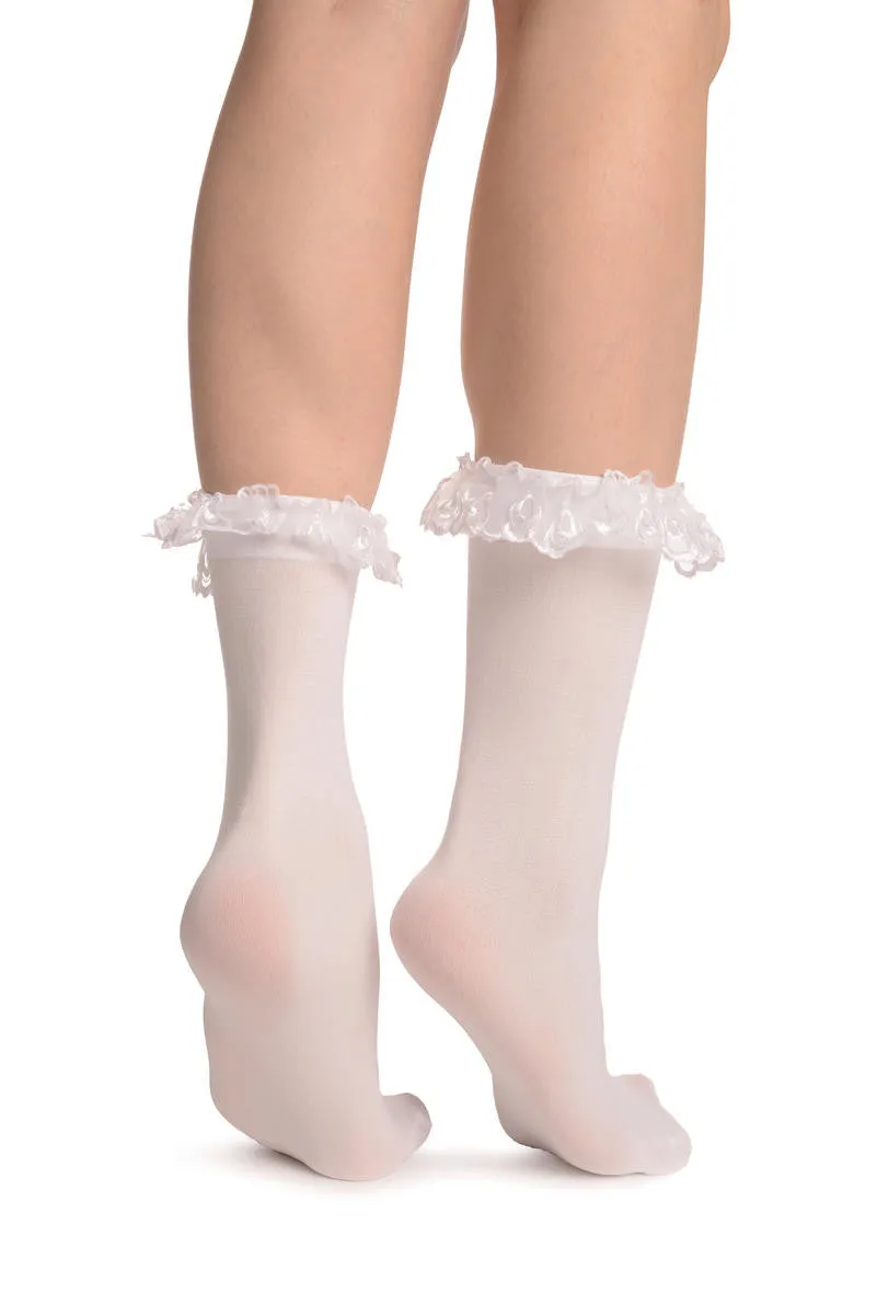 White Opaque With White Lace Ankle Hight Socks 60 Den