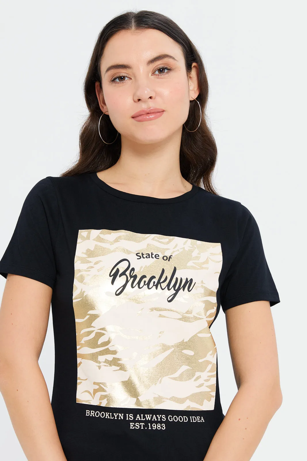 Women Black Foil Printed T-Shirt