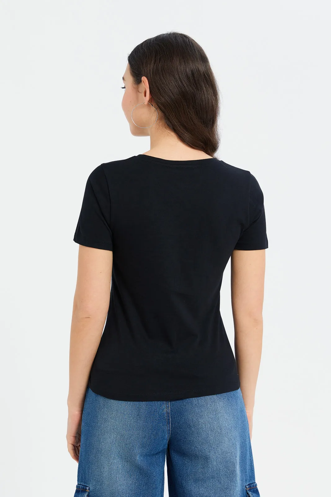 Women Black Foil Printed T-Shirt