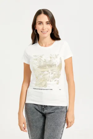 Women Ivory Foil Printed T-Shirt