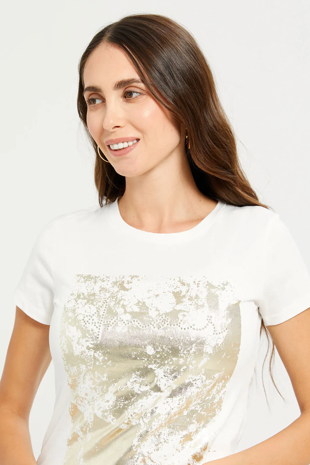 Women Ivory Foil Printed T-Shirt