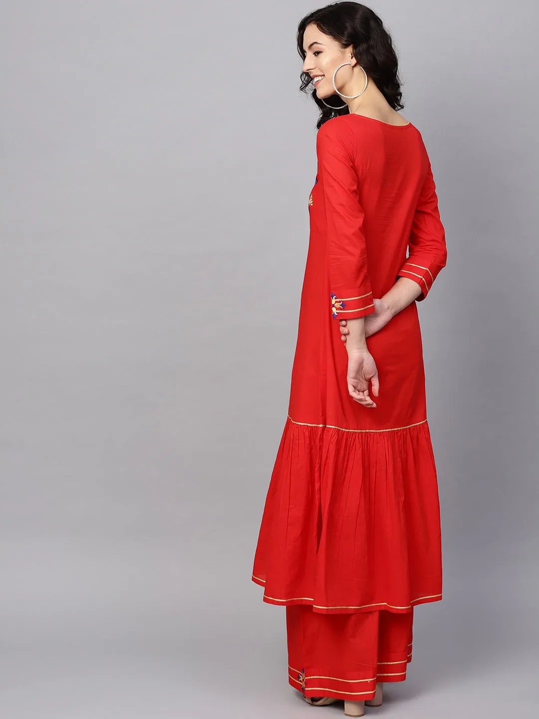 Women Red Floral Panelled Pure Cotton Kurta With Palazzos