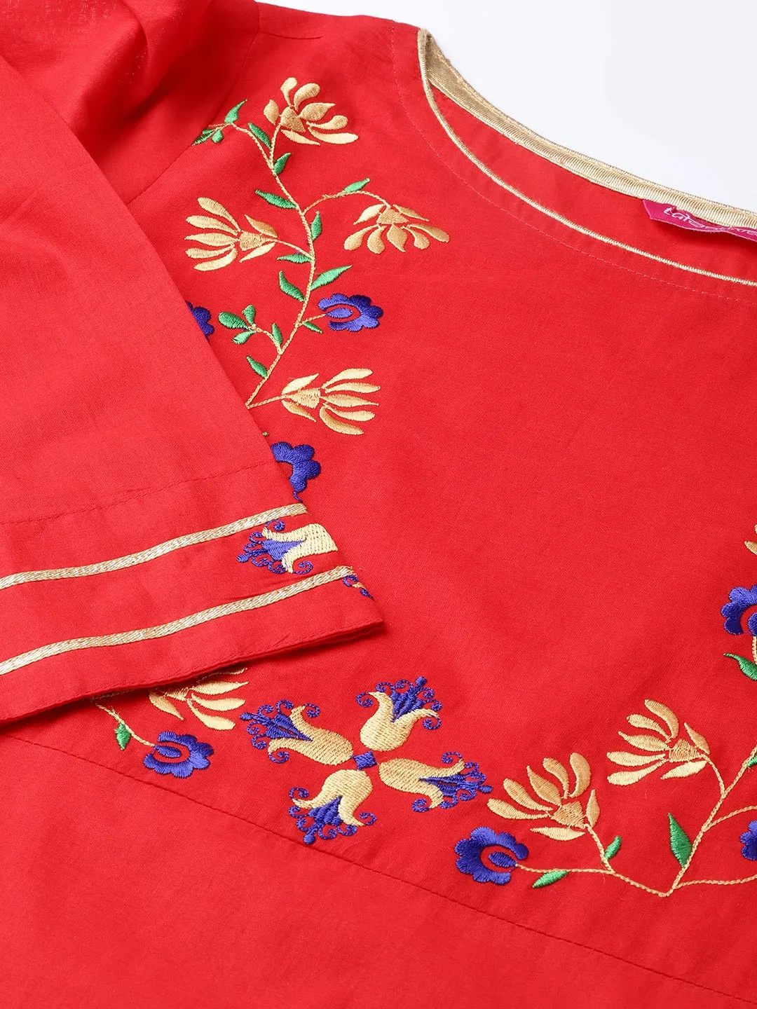 Women Red Floral Panelled Pure Cotton Kurta With Palazzos