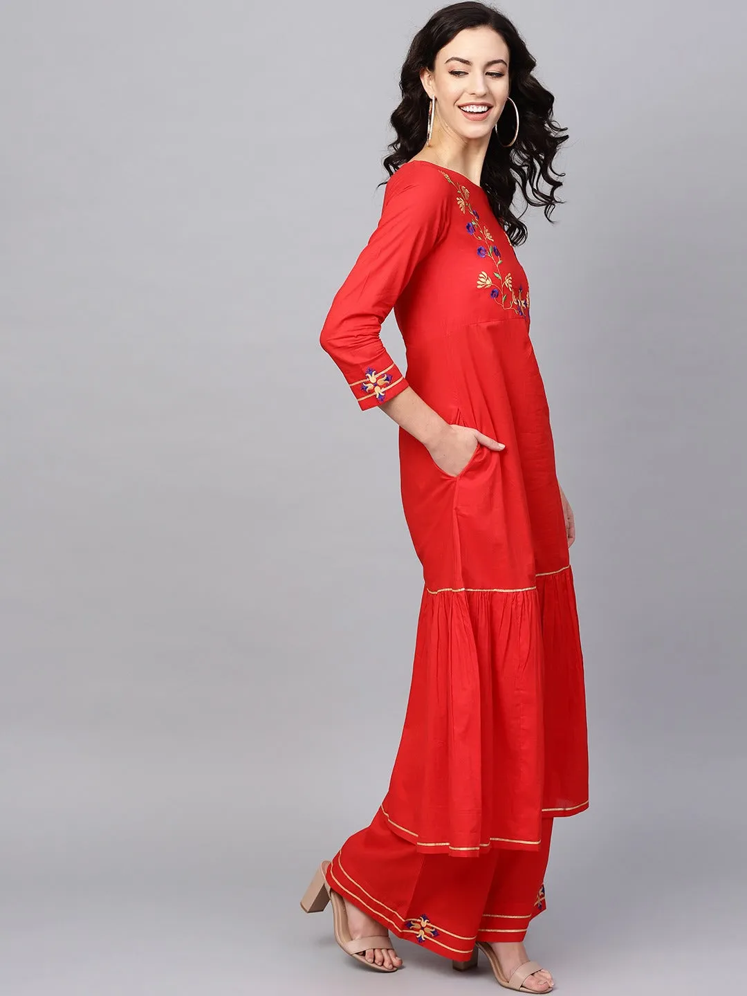 Women Red Floral Panelled Pure Cotton Kurta With Palazzos