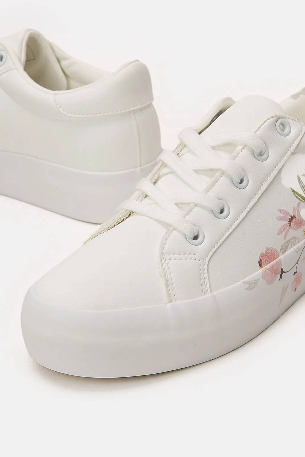 Women White Lace Up With Floral Print