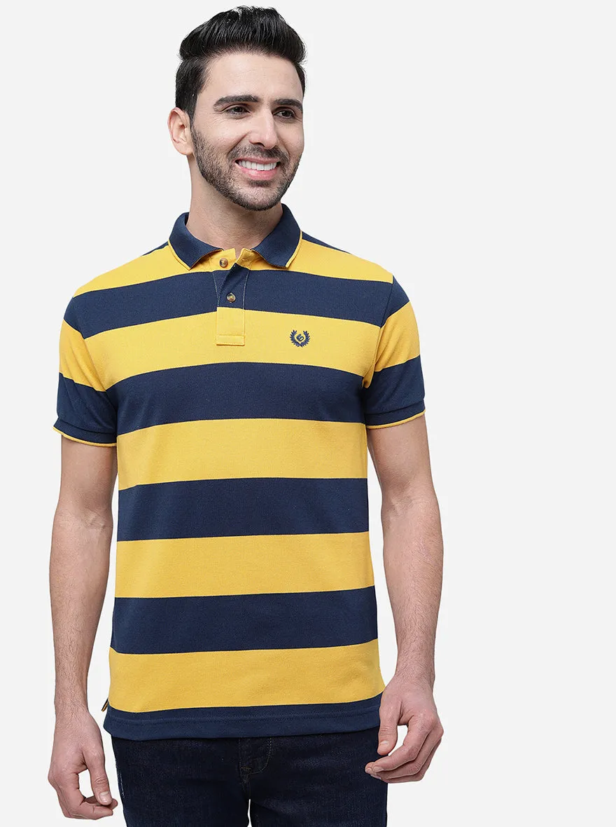 Yellow & Navy Striped Slim Fit Polo T-Shirt | Greenfibre