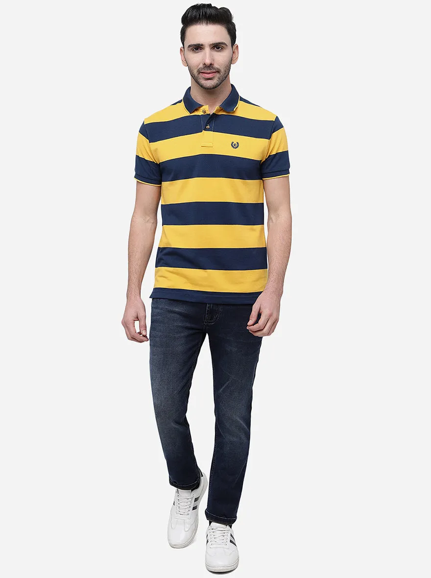 Yellow & Navy Striped Slim Fit Polo T-Shirt | Greenfibre