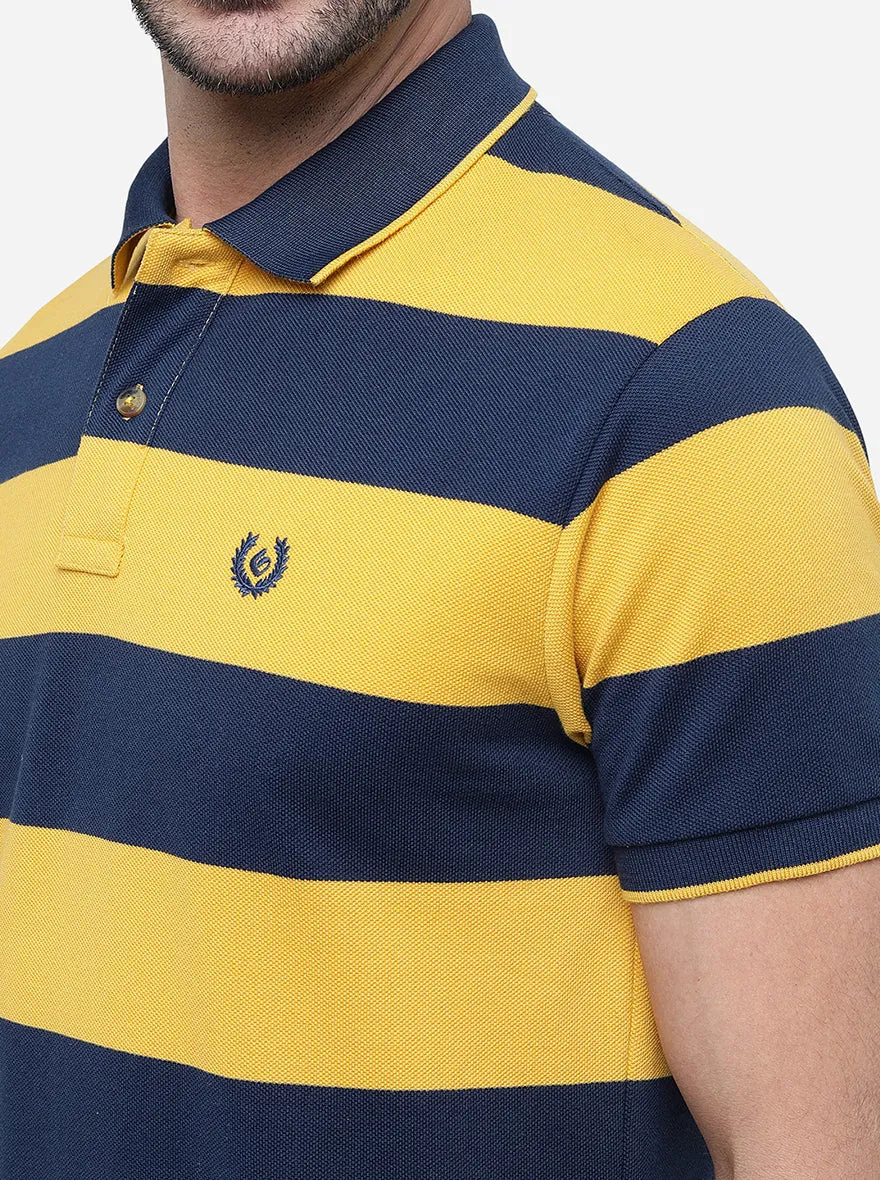 Yellow & Navy Striped Slim Fit Polo T-Shirt | Greenfibre