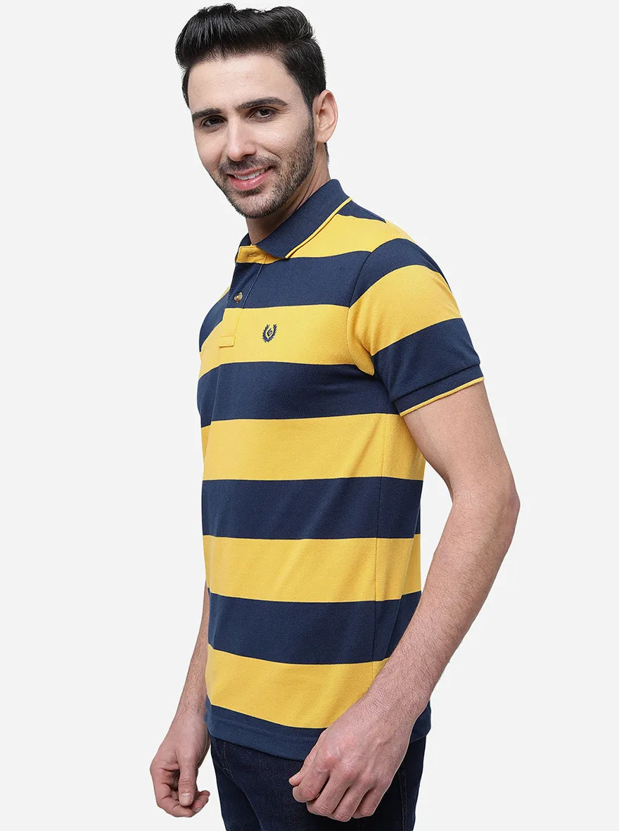 Yellow & Navy Striped Slim Fit Polo T-Shirt | Greenfibre